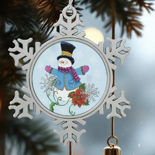 Snowman Snowflakes Poinsettia Schneeflocken Zinn-Ornament