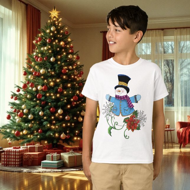 Snowman Snowflakes Poinsettia T-Shirt (Von Creator hochgeladen)