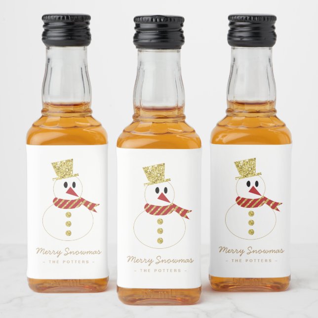 Snowman | Spaß Weihnachten Weiß & Gold Alkoholflaschenetikett (Flaschen)