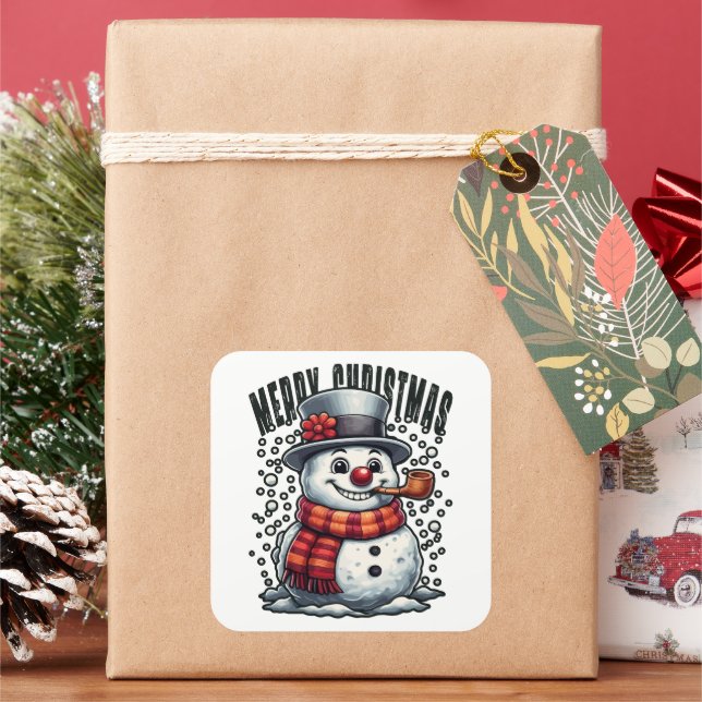 Snowman Top Hat Pipe Merry Christmas Quadratischer Aufkleber (Feiertag)