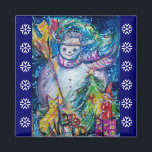 SNOWMAN, TOYS, CHRISTMAS TREE Blue White Snowflake Magnet<br><div class="desc">Whimsikale,  farbenfrohe und coole Winter Nacht Illustration,  Aquarellmalerei in lebendigblau weiß,  pink,  farbig.</div>
