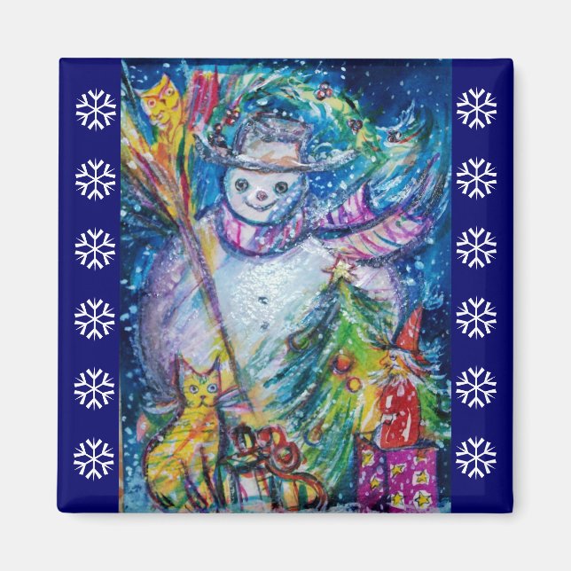 SNOWMAN, TOYS, CHRISTMAS TREE Blue White Snowflake Magnet (Vorne)