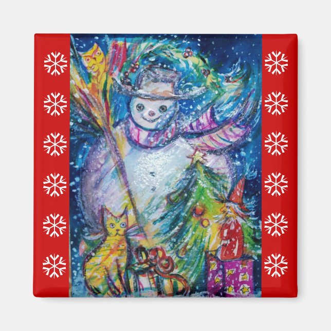 SNOWMAN, TOYS, CHRISTMAS TREE Red White Snowflakes Magnet (Vorne)