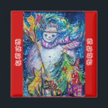 SNOWMAN, TOYS UND CHRISTMAS BAUM Rotes Blau Magnet<br><div class="desc">Farbenfrohe,  skurrile und lustige Acrylmalerei von Bulgan Lumini (c). Schneebedeckte Winternacht mit Schneemann,  Weihnachtsbaum,  Spielzeug,  Katz,  Eule,  Puppen,  Zierbeeren und Heiligbeeren in lebhaften Gelb-,  Blau-,  Grün-,  Rot-,  Weißrosa- und Farbtönen.</div>