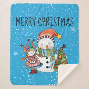 Snowman, Tree & Little Girl Fleece Sherpa Blanket Sherpadecke
