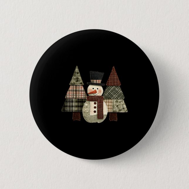 Snowman Trees Patchwork Plaid Trees Rustic Christm Button (Vorderseite)