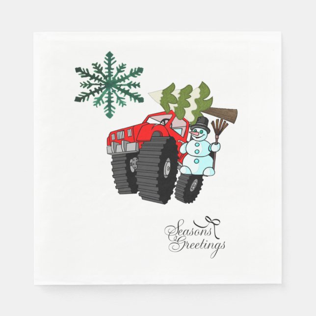 Snowman Truck Merry Christmas Tree Napkins Serviette (Vorderseite)