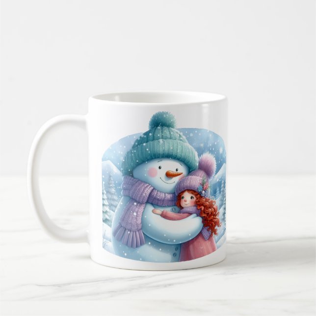 Snowman umarmt ein Mädchen in einem Winterwunderla Kaffeetasse (Links)