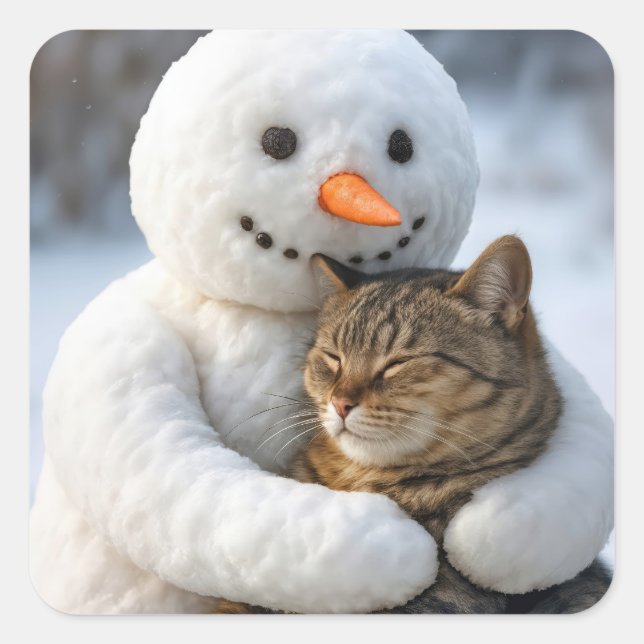 Snowman umarmt eine Tabby-Katze Quadratischer Aufkleber (Vorderseite)