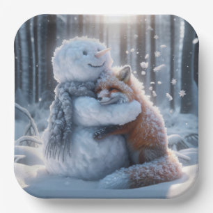Snowman umarmt einen Fuchs Pappteller