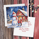 Snowman und Children Vintag Farm Weihnachten Karte<br><div class="desc">Zwei kleine Kinder schauen auf ihren Schneemann in einer schneebedeckten Winternacht auf einem rustikalen Vintagen Bauernhof.</div>