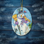 Snowman und Friends Retro Weihnachten Keramikornament<br><div class="desc">Dieser glückliche Schneemann hat mehrere Freunde,  die zu Besuch gekommen sind,  darunter ein Rot-Kardinal-Vogel,  ein Eichhörnchen,  ein Hasen und sogar einen Schnupfen! Ein kleiner Vogel steht auf seinem Besen. Ein hübscher,  kreisförmiger Himmelshintergrund rundet das einzigartige Retro-Urlaubssymbol dieses Weihnachtsschmucks ab. Niedlich!</div>