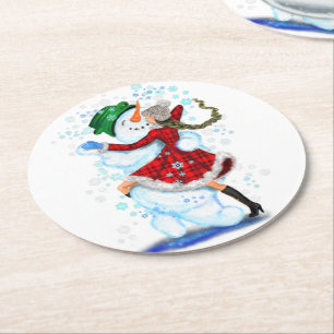 Snowman und Girl Dancers Weihnachtsbuch Untersetze Runder Pappuntersetzer