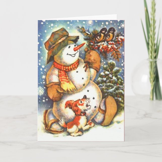 Snowman und Hund Feiertagskarte (Vorderseite)