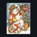 Snowman und Hund Postkarte<br><div class="desc">Schneemann und Hund.</div>