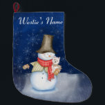 Snowman und Hund - Westie Großer Weihnachtsstrumpf<br><div class="desc">Der süße Weihnachtsjungbaby mit einem bezaubernden Schneemann mit Hunderasse In dem sanft fallenden Schnee. Keine Sorge,  Mütter und Väter,  er got einen Schal für Wärme.</div>