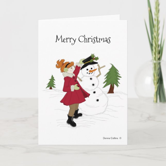 Snowman und Kleines Mädchen in einer Red Coat Card Karte (Vorderseite)