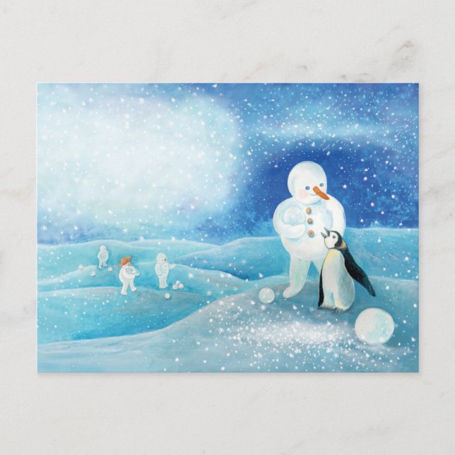 Snowman und Pinguin Illustration Postkarte (Vorderseite)