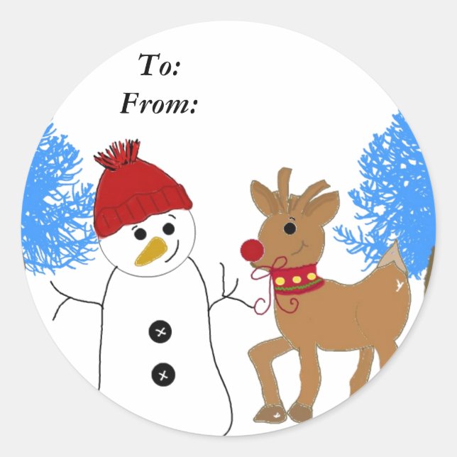 Snowman und Reindeer Runder Aufkleber (Vorderseite)