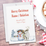 Snowman und Reindeer Snowy Typografy Personalisier Feiertagskarte<br><div class="desc">personalisierte Weihnachtskarte mit niedlichem Design und schneebedeckter Typografie. Das Design besticht durch Schneemann und Rentier mit warm beleuchteter Kabine im Schnee. Alle Texte sind einfach zu bearbeiten,  sodass Sie Ihre Karten ganz individuell gestalten können.</div>
