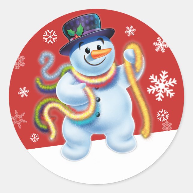 Snowman und Tinsel Weihnachtsaufkleber Runder Aufkleber (Vorderseite)