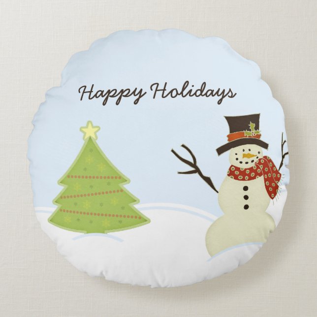 Snowman und Tree Rundes Kissen (Vorderseite)