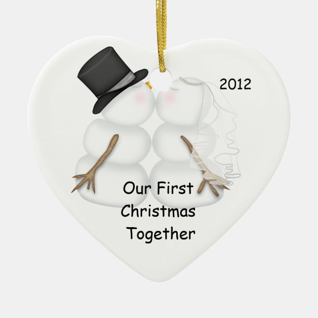 Snowman-verheiratete Paar-erstes Weihnachten Keramikornament (Vorne)