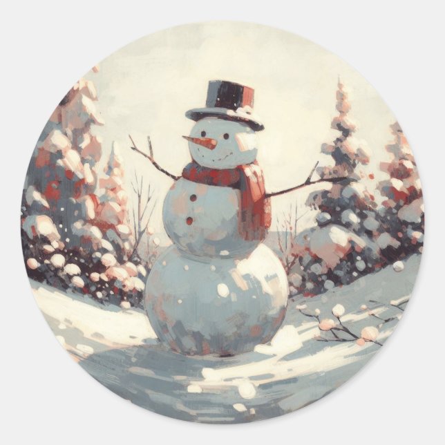Snowman Vintag Painting Runder Aufkleber (Vorderseite)