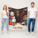 Snowman Vintage Christmas Scene Fleece Blanket<br><div class="desc">Bleibe warm im Winter mit dieser bezaubernden Weihnachtsdecke mit einer Szene eines niedlichen Schneemanns mit Geschenken an der Haustür in einem Vintagen Aquarellbild. Der Text auf der Decke kann individuell angepasst oder links werden.</div>