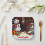 Snowman Vintage Christmas Scene Pappteller<br><div class="desc">Dies ist eine bezaubernde Weihnachtszeitung mit einer Szene eines niedlichen Schneemanns mit Geschenken an der Haustür eines Hauses in einem Vintagen Aquarellstil. Der Text auf der Platte kann mit dem eigenen personalisiert oder links werden, wie es ist.</div>