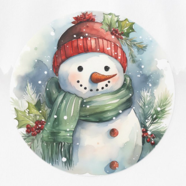 Snowman Watercolor Niedlich Weihnachten Runder Aufkleber (Von Creator hochgeladen)
