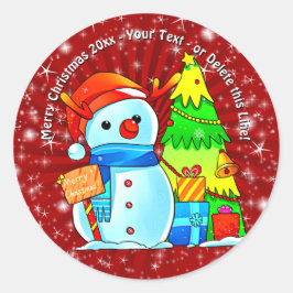 Snowman Weihnachtsbaum präsentiert Jahr Text rot Runder Aufkleber