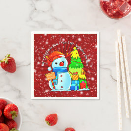 Snowman Weihnachtsbaum präsentiert Jahr Text rot Serviette