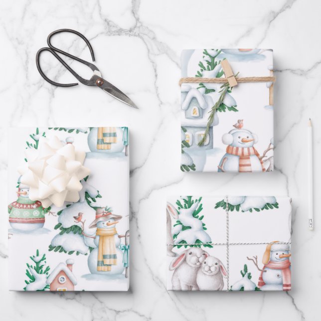 Snowman White Rabbit Trees Wassercolor Weihnachten Geschenkpapier Set (Vorderseite)