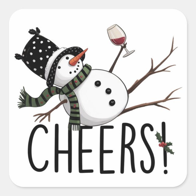 Snowman Wine Christmas Funny Drinking Wine Santa  Quadratischer Aufkleber (Vorderseite)