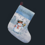 Snowman Winter Merry Typografie Weihnachten Großer Weihnachtsstrumpf<br><div class="desc">Niedlicher Schneemann-Strumpf mit seinem Besen im Schnee. Schön. So niedlich für Ihren Urlaub. Siehe passende Produkte. Denken Sie daran,  Sie können dieses Muster auf alles übertragen,  was "Zazzle" zum Kauf zur Verfügung hat.</div>