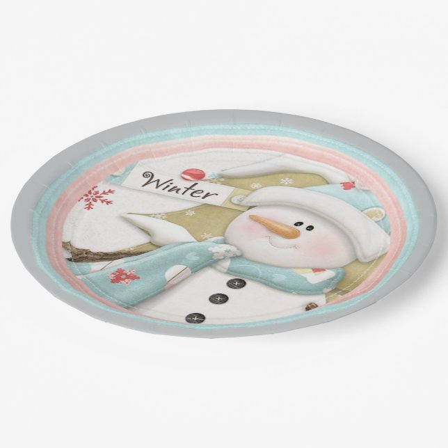 Snowman Winter Paper Plate Party Lieferumfang Pappteller (Schrägansicht)