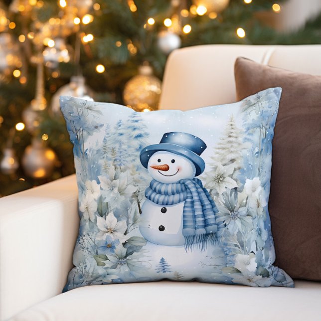 Snowman Winter Snow Blue Hat Scarf Kissen (Decorator pillow with a cute snowman wearing a blue top hat and scarf.)