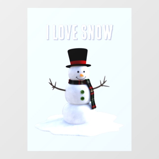Snowman with hat and scarf. I Love Snow Fensteraufkleber (Blatt)