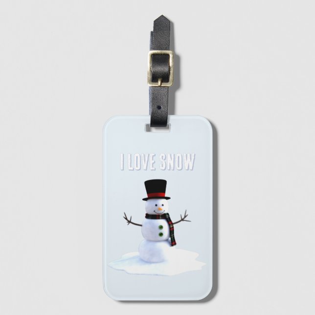 Snowman with hat and scarf. I Love Snow Gepäckanhänger (Vorderseite Vertikal)