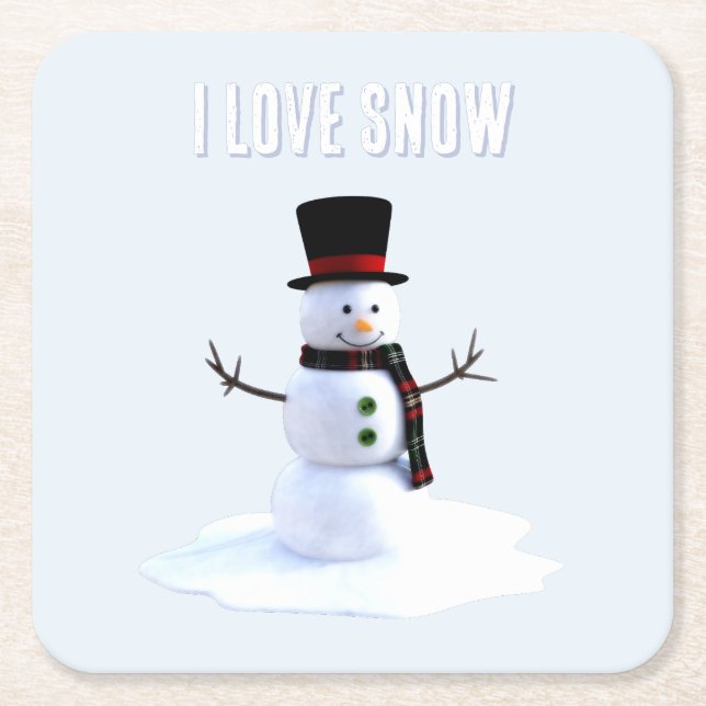 Snowman with hat and scarf. I Love Snow Rechteckiger Pappuntersetzer (Vorderseite)