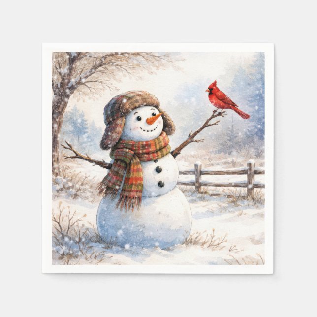 Snowman With Red Cardinal Bird Serviette (Vorderseite)