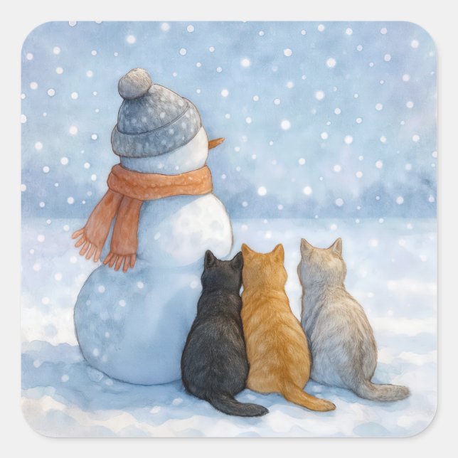 Snowman With Three Cats In a Snowy Field Quadratischer Aufkleber (Vorderseite)