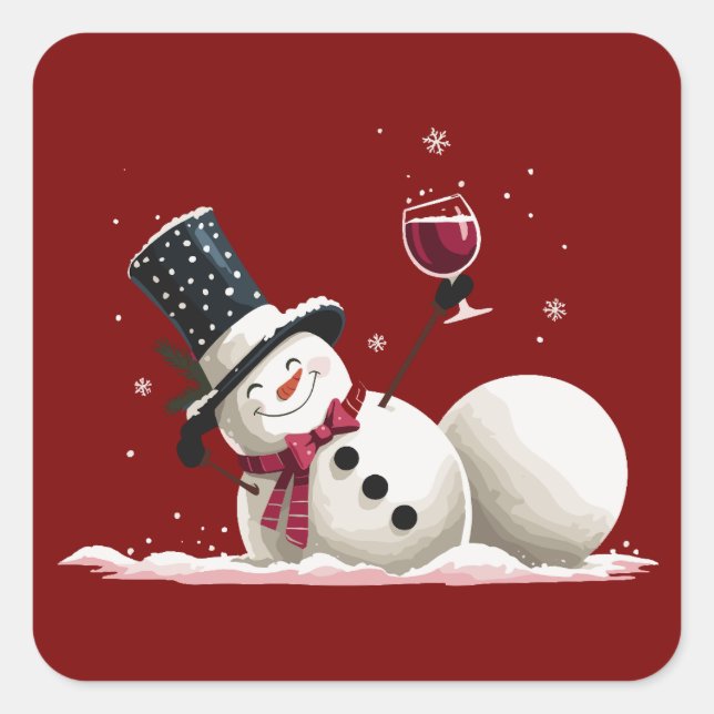 Snowman With Wine Christmas Gift Xmas Holiday  Quadratischer Aufkleber (Vorderseite)