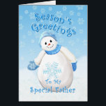 Snowman Wonderland für die Weihnachtskarte des Vat<br><div class="desc">Niedlicher kleiner Schneemann mit blauer Winterhut und Fäustern als zarte Schneeflocken fallen durch den blauen Himmel ist ein wunderbares Weihnachtsdesign für Grüße an Ihren besonderen Vater. Sie können auch genießen,  passende Briefmarke und Geschenke in meinem Geschäft zur Verfügung. Originelle Kunst und Design von Anura Design Studio.</div>