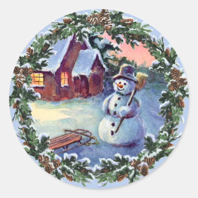 SNOWMAN & WREATH von SHARON SHARPE Runder Aufkleber (Vorderseite)