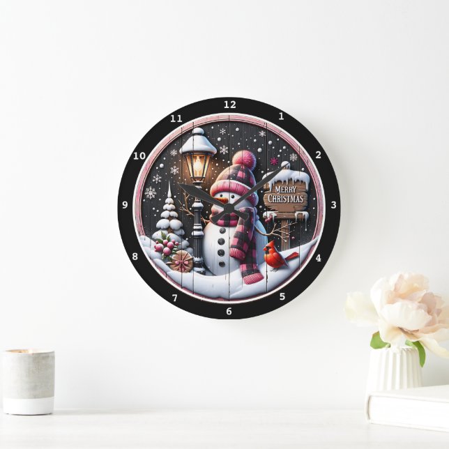 Snowman's Cosy Night" - Festliche schwarze Weihnac Große Wanduhr (Zuhause)