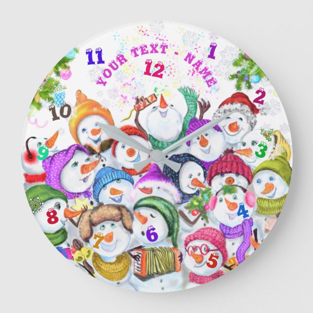 Snowmans Party Weihnachtszeit Benutzerdefinierter  Große Wanduhr (Vorderseite)
