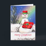 Snowmans Weihnachtsgeschenk Feiertagskarte<br><div class="desc">Eine Weihnachtsgrüßkarte mit meinem Originalbild eines lächelnden Schneemanns,  der am Weihnachtsfeiertag ein Weihnachtsgeschenk hält.</div>