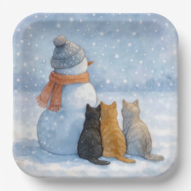 Snowmen and Cats In a Snowy Field Pappteller (Vorderseite)